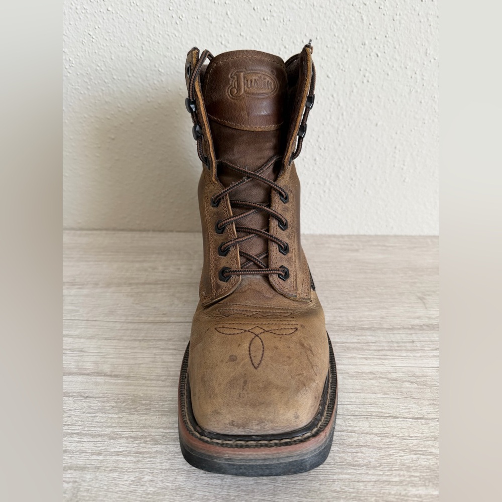 Justin Mens Pulley Brown Steel Toe Lace Up Western Work Boots SE682 size 6D - Picture 9 of 15